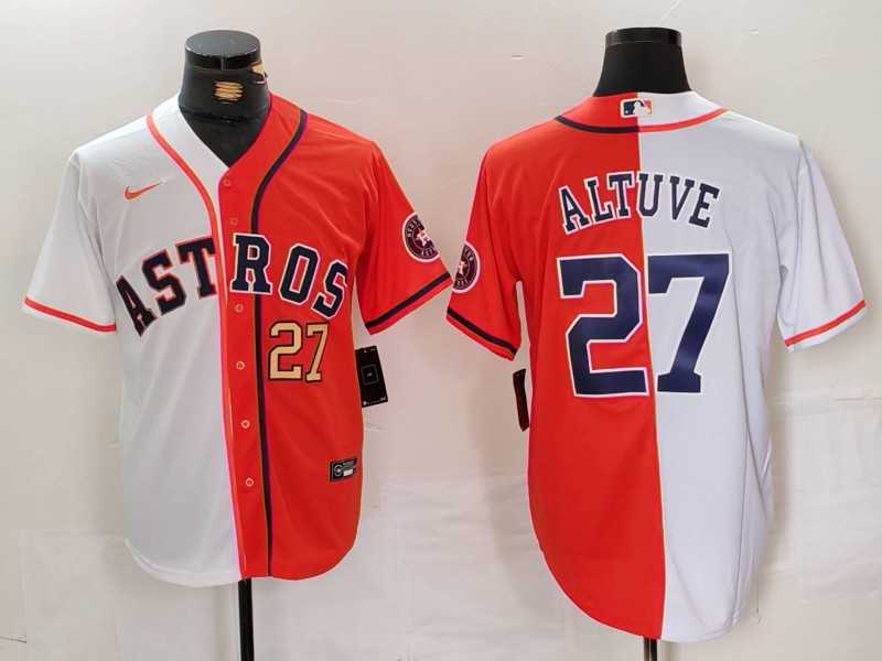 Mens Houston Astros #27 Jose Altuve White Orange Blue Number Split Stitched Baseball Jerseys Dzhi